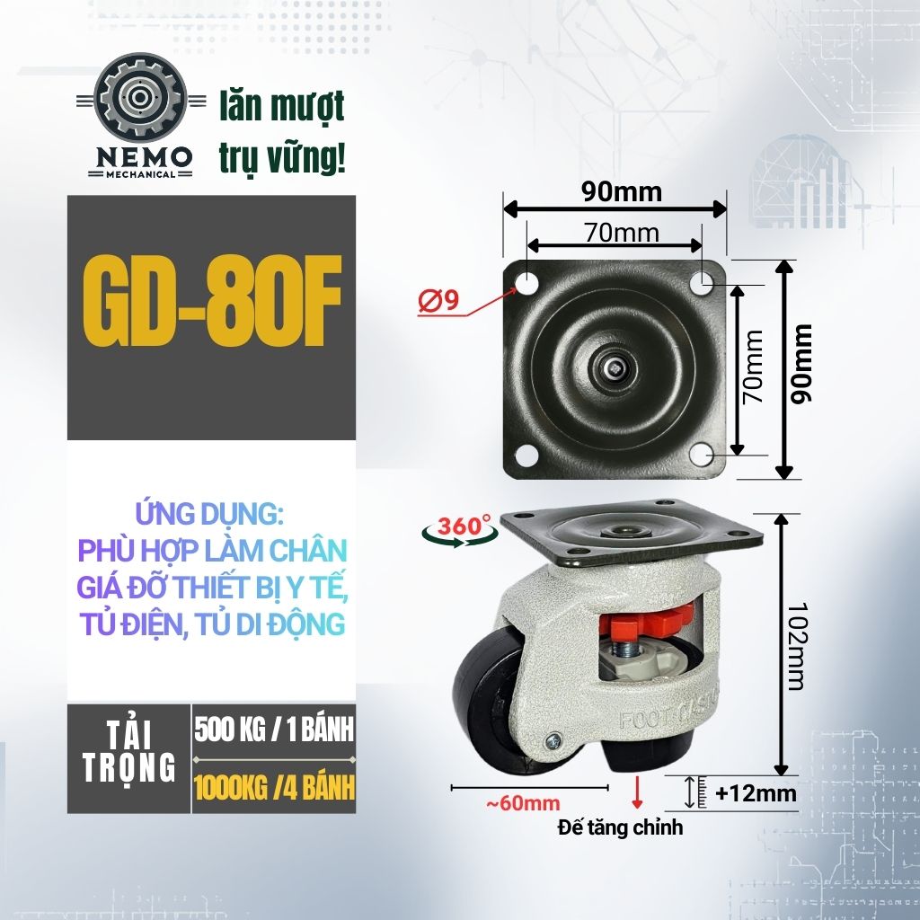 Bánh Xe Liền Chân Tăng Chỉnh Độ Cao GD – Chống Rung, Chịu Tải Nặng (GD-40F, 60F, 80F, 100F)